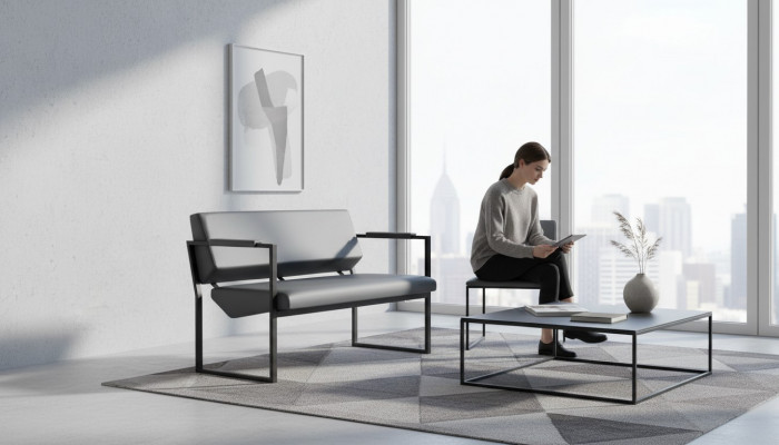 Lueden Divanen Couch Edelstahl 2-Sëtzer Sofa Schwaarz Lieder Holz Zweisëtzeg