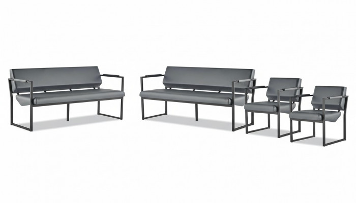 Sofagarnitur Schwaarz Modern Ledersofa Sofa-Set 3-Sëtzer Fotell Inoxstahl