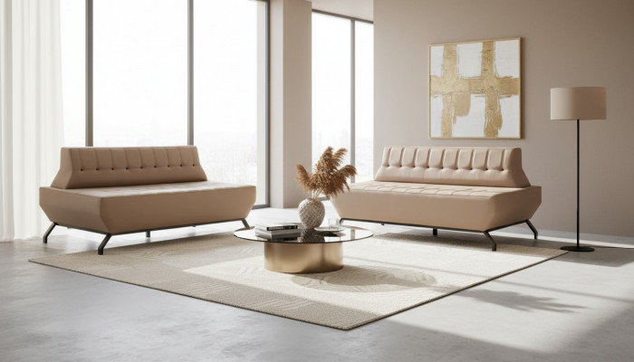 Ledersofa Set 2-Sëtzer Beige Lieder Art Déco Stil Chesterfield Edelstol