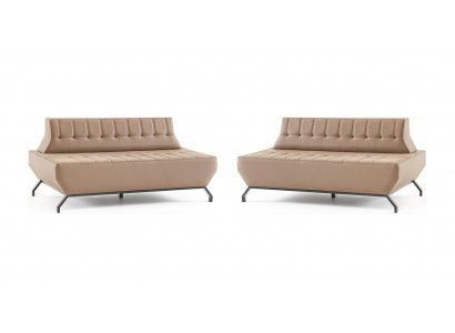 Ledersofa Set 2-Sëtzer Beige Lieder Art Déco Stil Chesterfield Edelstol