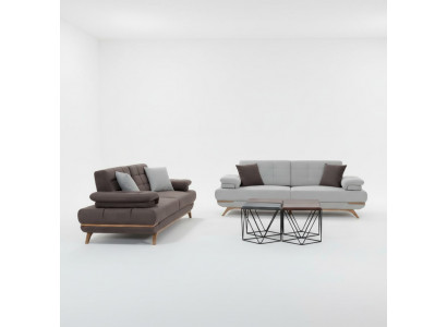 Elegantes Sofa Set 3+3 Grau Weiß Polster Couch Wohnzimmer Modern Holzfüße