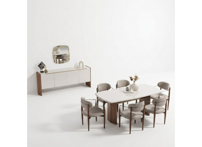 Luxus Esszimmer-Set Beigefarbene Holz- und Textilmöbel mit Spiegel