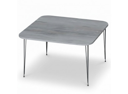 Moderner grauer Couchtisch aus Holz und Edelstahl