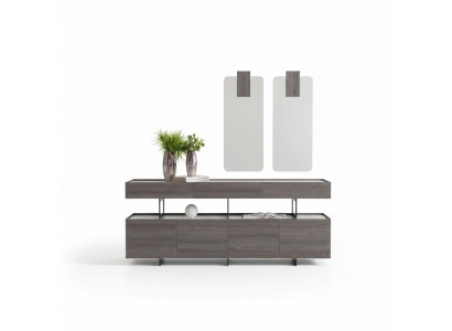 Elegantes graues Esszimmer Set mit Sideboard und Spiegel aus Holz
