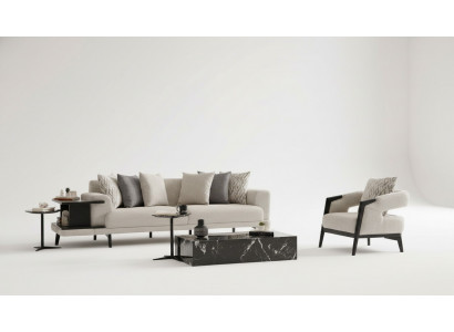 Moderner Beigefarbener Wohnzimmer-Set aus Holz mit Sofa und Sessel
