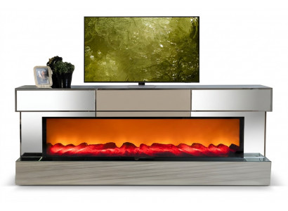 TV-Lowboard aus Spiegelelementen mit Kamineffekt in rechteckiger Form