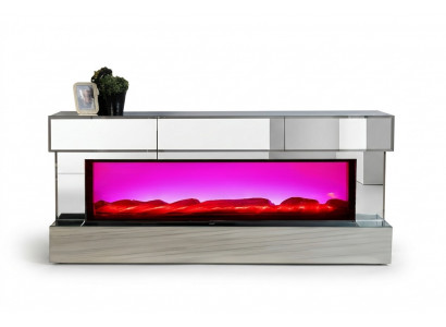 TV-Lowboard in eleganter Hochglanzausführung mit Holzsockel und Kamin