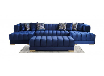 Modernes Wohnzimmer-Set Blaues großes Ecksofa U form mit Hocker 2 Teile