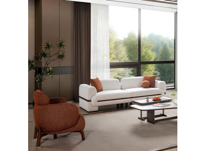 Stilvolles Wohnzimmer-Set 3+1-Sitzer weißes Sofa brauner Sessel Polstermöbel