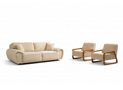 Wohnzimmer-Set 3-Sitzer-Sofa Sessel Moderner Stil Holzrahmen Beige Neu