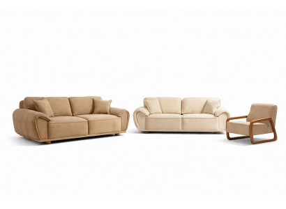 Wohnzimmer-Set Sessel 3-Sitzer-Sofa Beige Moderner Stil Holzrahmen Neu