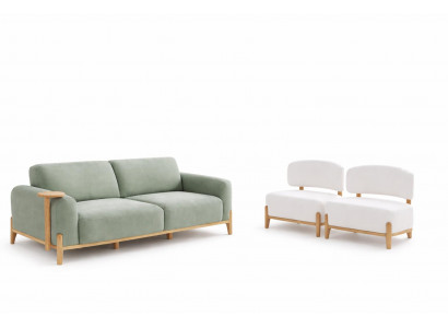 Wohnzimmer-Set Sessel 3-Sitzer-Sofa Weiß-Grün Moderner Stil Holzrahmen