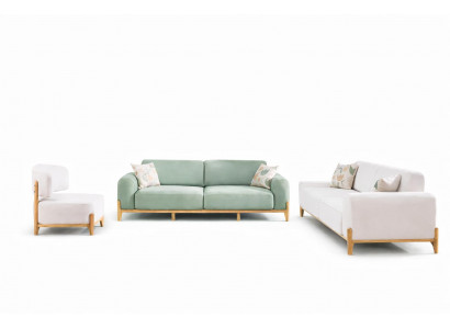 Wohnzimmer-Set 3-Sitzer-Sofa Weiß Grün Moderner Stil Holzarmlehnen