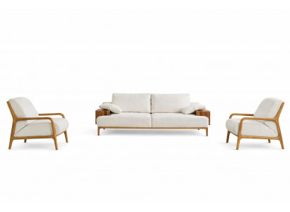 Wohnzimmergarnitur 3-Sitzer-Sofa Beige Moderner Stil Holzarmlehnen Neu