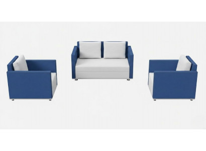 Komfort Lounge Set Blau Weiß mit Sofa und zwei Sesseln