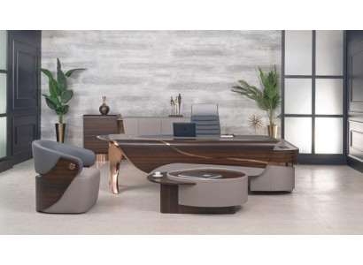 Grau-Brauner Büro-Set Exklusiver Schreibtisch Chefsessel Couchtisch