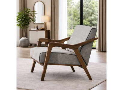 Grauer Einsitzer Designer Textilsessel Edles Holzgestell Stoffsessel