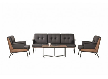 Designer Ledergarnitur Edler 3-Sitzer 2x Sessel Holz Couchtisch