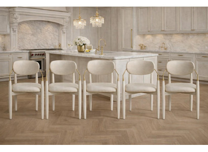 6er-Set luxuriöse Design-Polsterstühle in Creme mit Goldrahmen