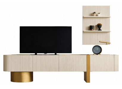 TV-Lowboard mit Wandregal in fluted Design und goldenen Akzenten