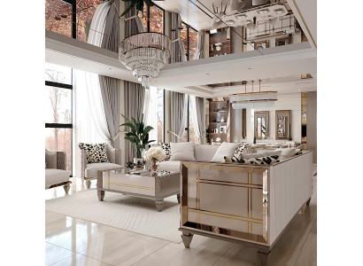 Elegante Sitzgruppe Beige Gold mit 2 Sofas Sesseln und Couchtisch