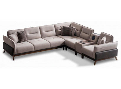Ecksofa Beige Moderner Stil Audiosystem Weiche Armlehnen Holzbeine Neu