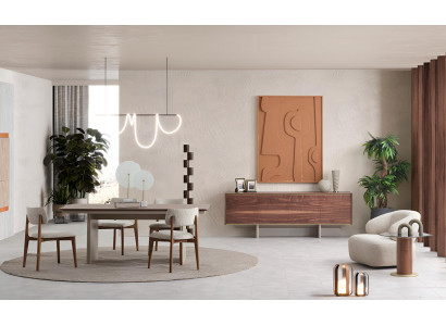 Elegantes Esszimmer Set Holztisch 4x Polsterstühle Sideboard Sessel