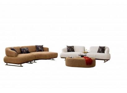 Wohnzimmer Set Modern Orange Weiß Sofa Couch Pouf Designer-Set Stoff