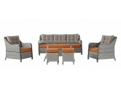 Terrassenset 3-Sitzer Sofa Sessel Tisch Hocker Orange Grau Glasplatte