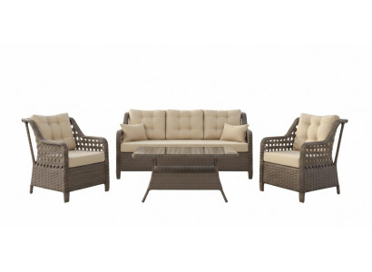 Terrassenset 3-Sitzer Sofa Sessel Tisch Metallgestell Glasplatte Beige