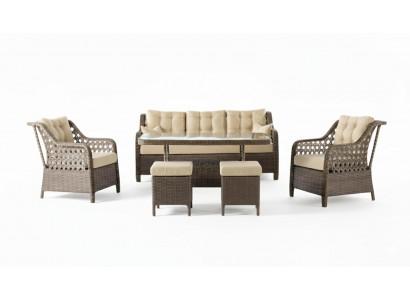 Terrassenset 3-Sitzer Sofa Sessel Tisch Hocker Beige Glasplatte Neu