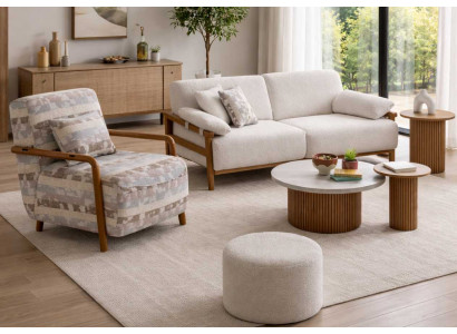 2 Sitzer Sofa Sessel Couchtisch Beistelltisch Puff Stil modern Farbe beige