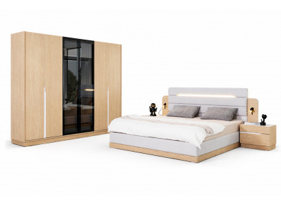 Weiß-Beiges Schlafzimmer Set Textilbett 2x Nachttische Holzschrank