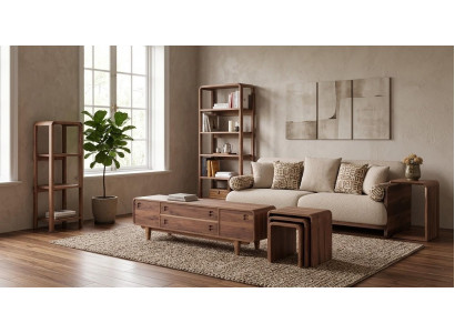 3 Sitzer Sofa 3x Couchtisch TV Board 2x Buecherregal Stil modern braun