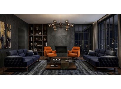 Polstergarnitur 4Sitzer sofa Sessel Stoff Modern Kissen Dunkelblau Neu