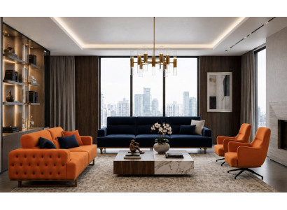 Polstergarnitur 4Sitzer 3Sitzer sofa Sessel Modern Kissen Dunkelblau