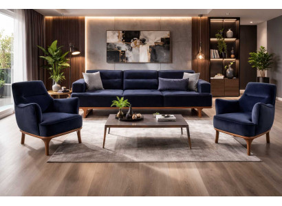 Polstergarnitur 4Sitzer sofa Sessel Stoff Modern Kissen Dunkelblau Neu