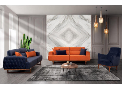 Polstergarnitur 3Sitzer sofa Sessel Stoff Modern Kissen Dunkelblau Neu