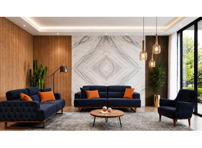 Polstergarnitur 3Sitzer sofa Sessel Stoff Modern Kissen Dunkelblau Neu