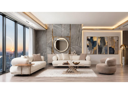 Polstergarnitur 3Sitzer sofa Sessel Stoff Modern Kissen Beige Elegant
