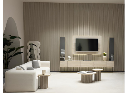 Beige Wohnzimmer TV-Einrichtung TV-Wand Edles Wandpaneel Tische