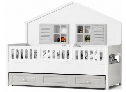 Weißes Kinderbett mit Haus-Design, Stauraum und verspielten Details