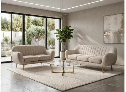 Stilvolles beiges Wohnzimmer-Set 3+2-Sitzer-Sofas Polster-Sofas mit Holzbeinen