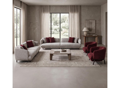 Grau-Rote Polstergarnitur Stilvolle Textilsofas Designer 2x Sessel