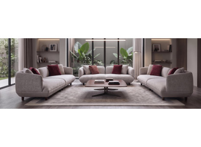 Sofa Set in Grau mit Holzbeinen rote Kissen modernes Design Couch Möbel Polster