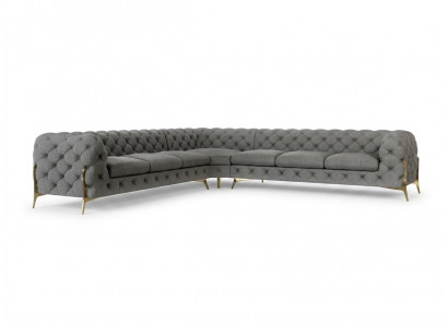Großes graues L-förmiges Ecksofa goldene Füße gestepptes Sofa Chesterfield
