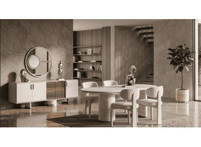 Beiges Esszimmer-Set Ovaler Esstisch Esszimmerstühle Sideboard moderner Stil