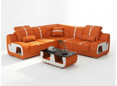 Leder Ecksofa L-Form Modern Komfort Orange Couch LED Design Wohnzimmer