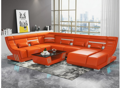 Leder Ecksofa U-Form Modern Orange Couchtisch LED Design Wohnzimmer
