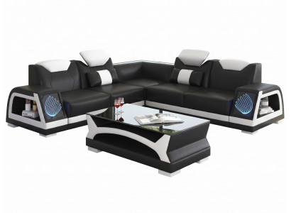 Ecksofa L-Form Schwarz Weiß LED Couchtisch Modern Wohnzimmer Set Sofa